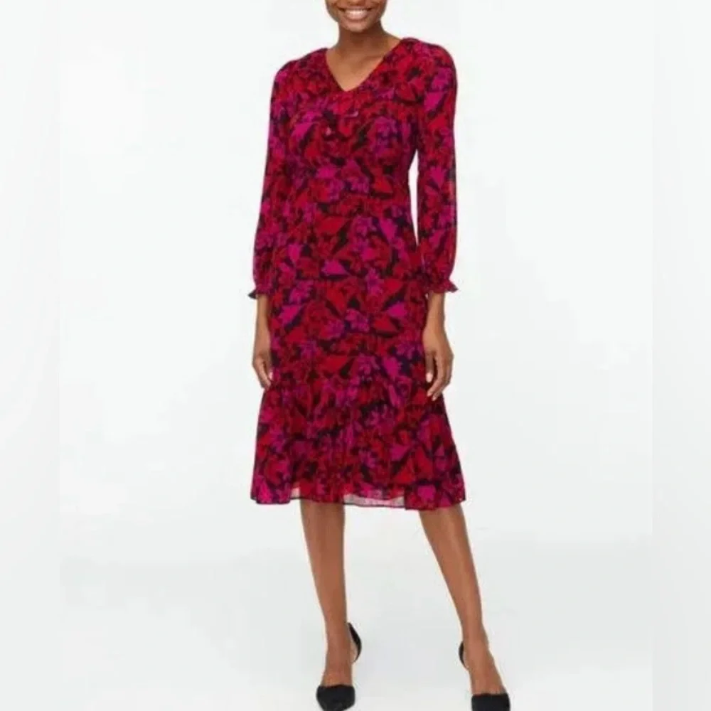 EUC J. Crew Floral Ruffle Neck Midi Dress - Picture 2 of 3